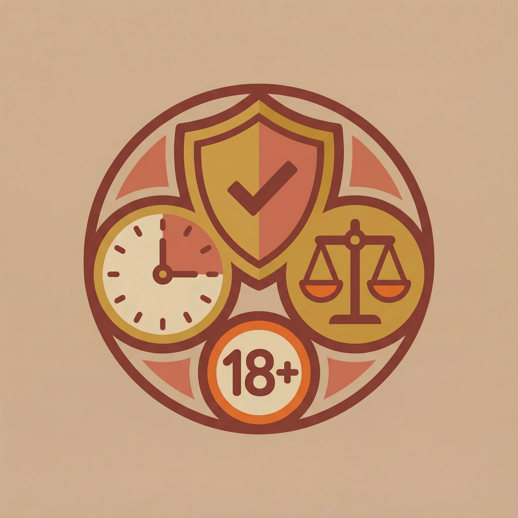 Iconos de juego responsable con escudo, reloj y balanza