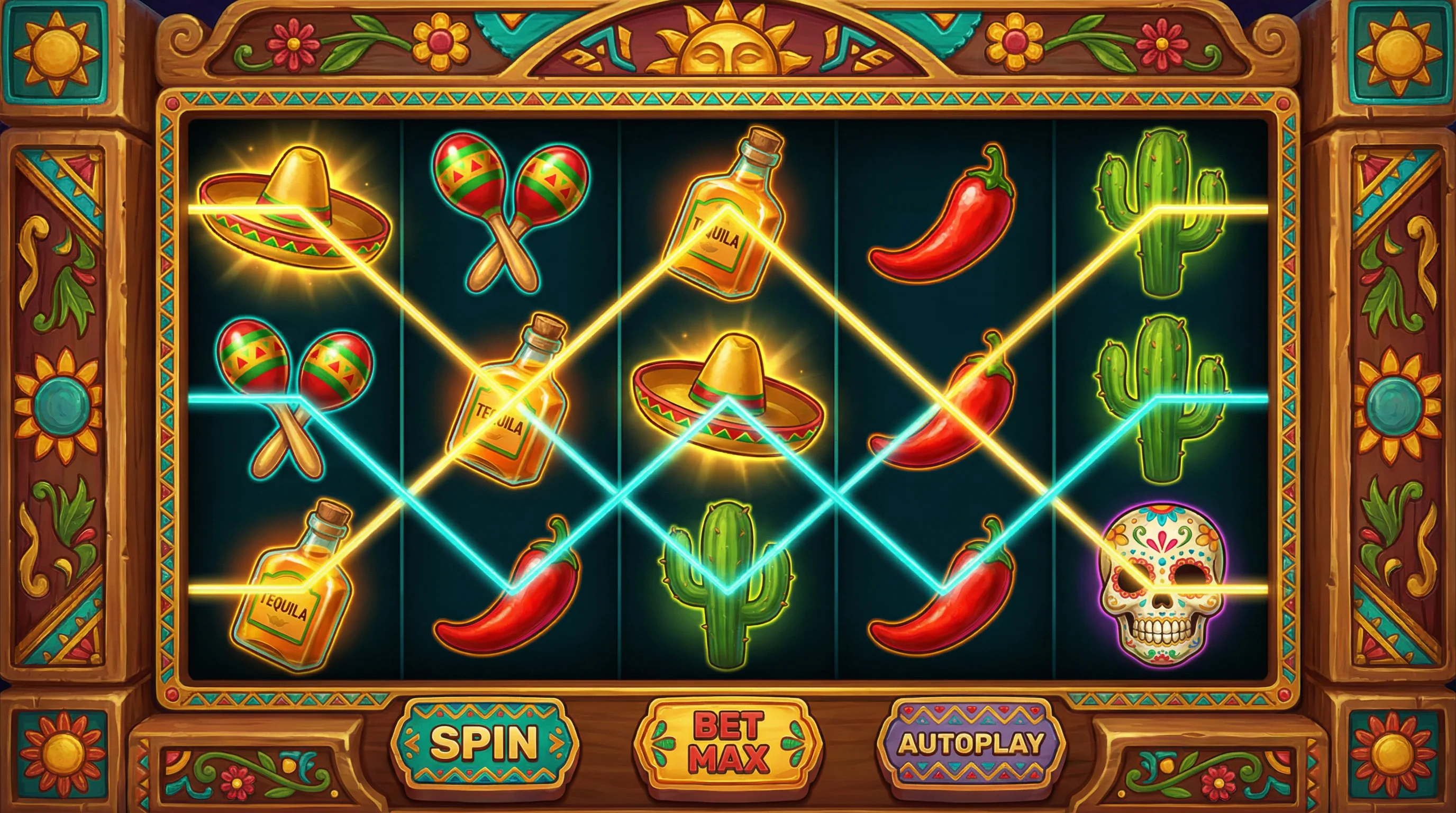 Tragamonedas mexicana con símbolos de sombrero, maracas, tequila y cactus